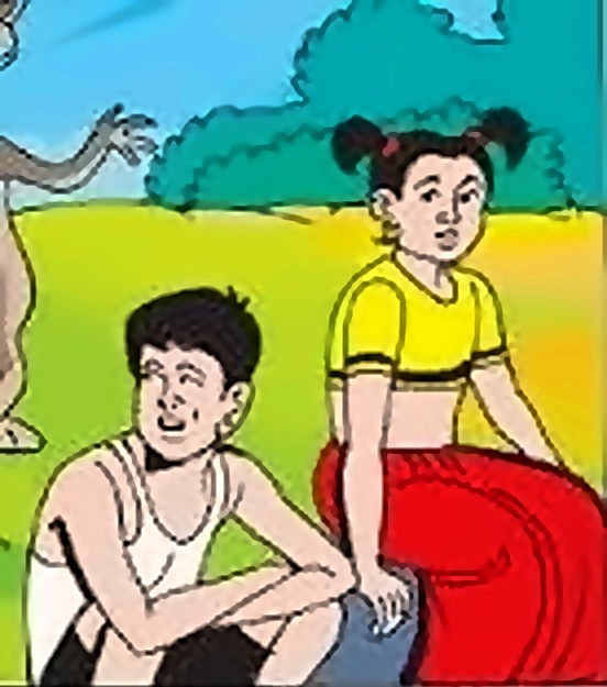 Comic panel: Raju, in a white vest, sits hugging his knees on the grass beside Radha, in a yellow blouse and red skirt, with her hair in two bunches; trees and a blue sky behind them.